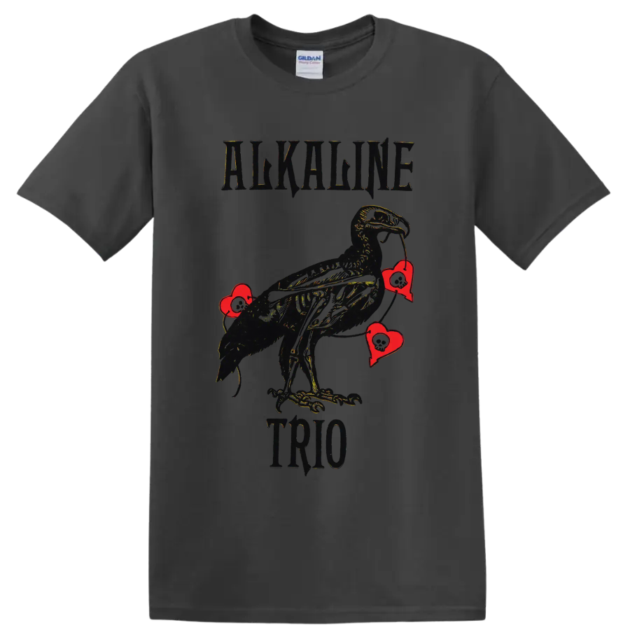 Alkaline Trio punk rock raven with red hearts graphic print on a Charcoal T Shirt