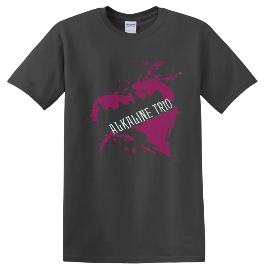 Alkaline Trio punk rock graphic with pink paint splash and distressed lettering on a Charcoal T Shirt
