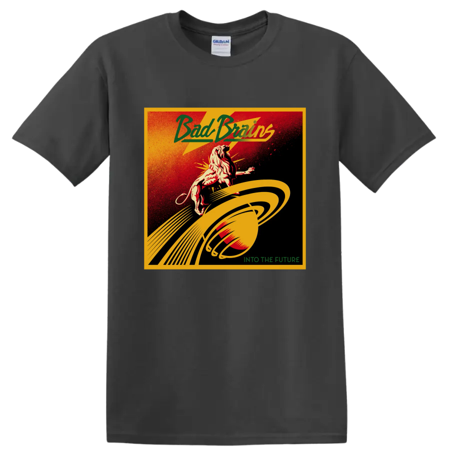 Bad Brains distressed punk rock lion and planetary rings Into the Future design on a Charcoal T Shirt