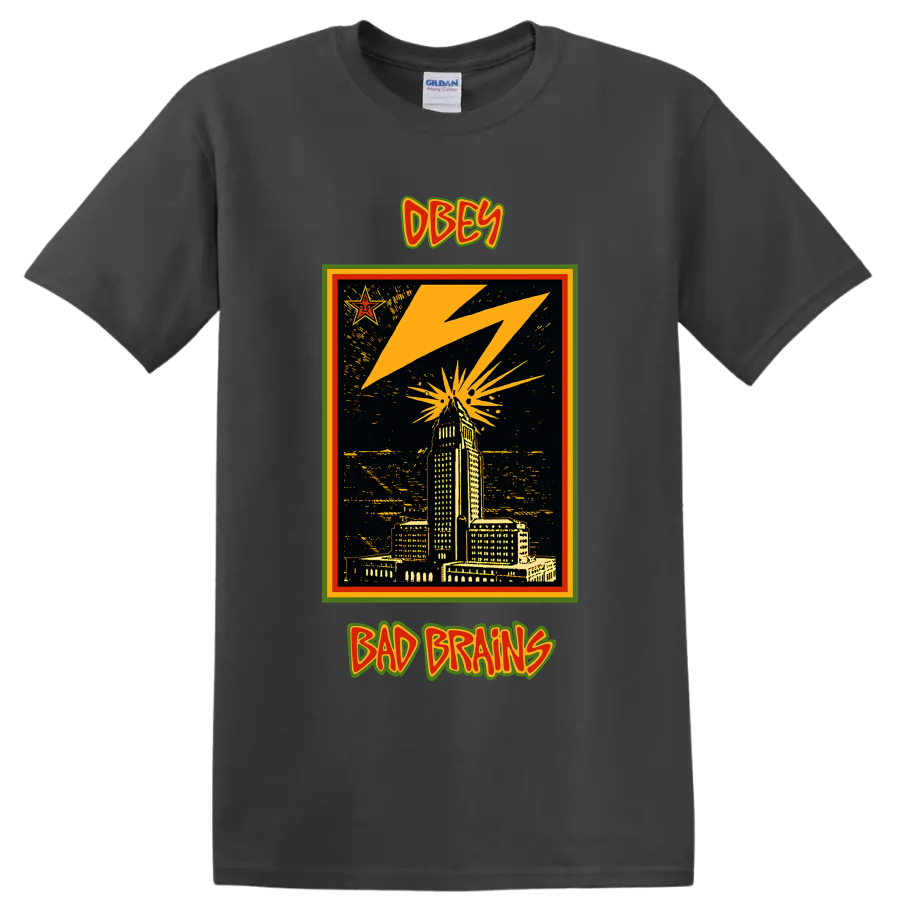 Bad Brains OBEY lightning city skyline punk rock graphic on a Charcoal T Shirt