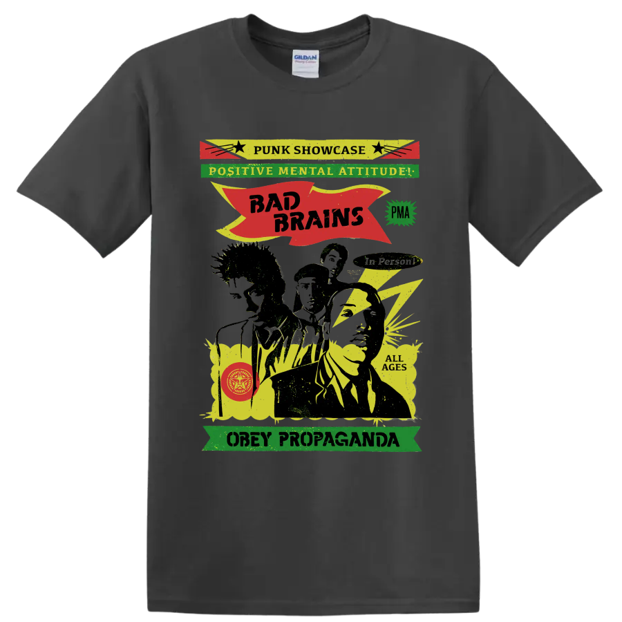 Bad Brains punk rock graphic with Positive Mental Attitude lettering on a Charcoal T Shirt