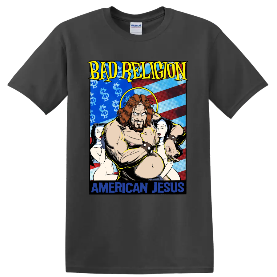 Bad Religion American Jesus comic-style punk rock graphic print on a Charcoal T Shirt