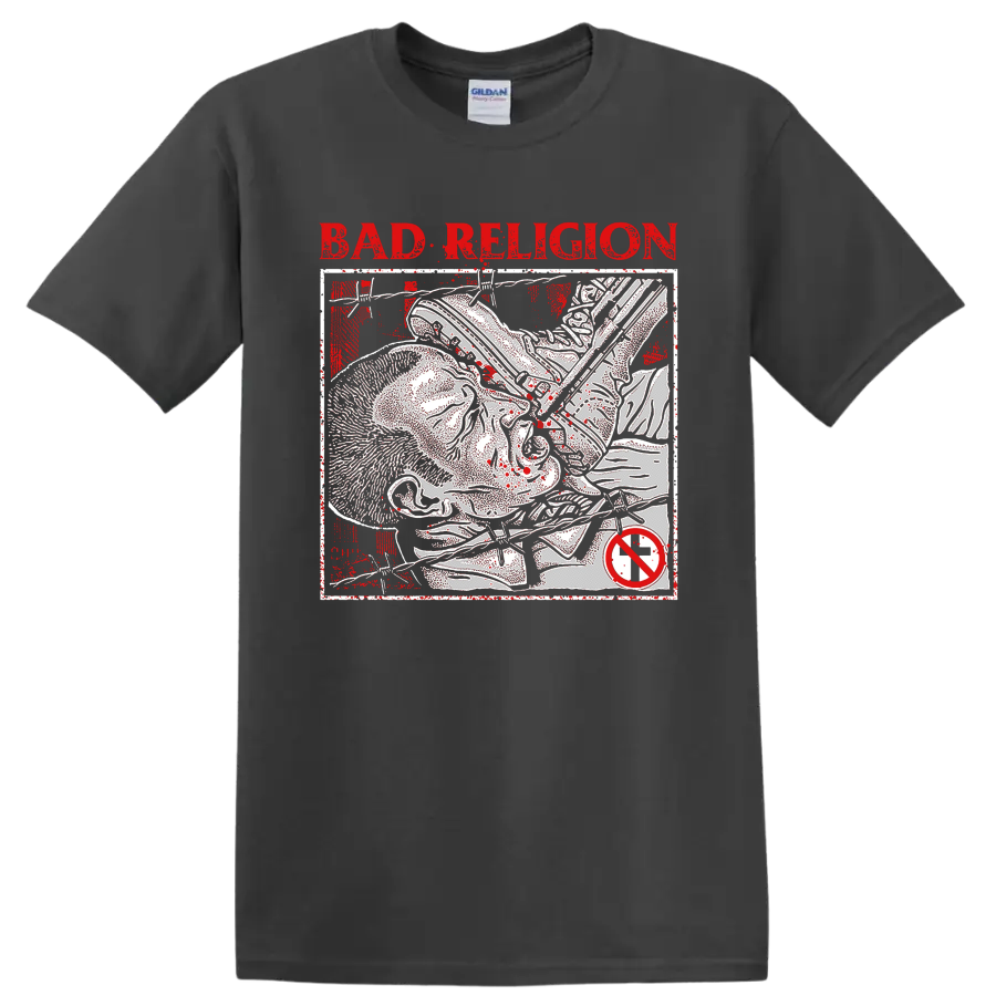 Bad Religion distressed punk rock lettering and skeletal graphic on a Charcoal T Shirt
