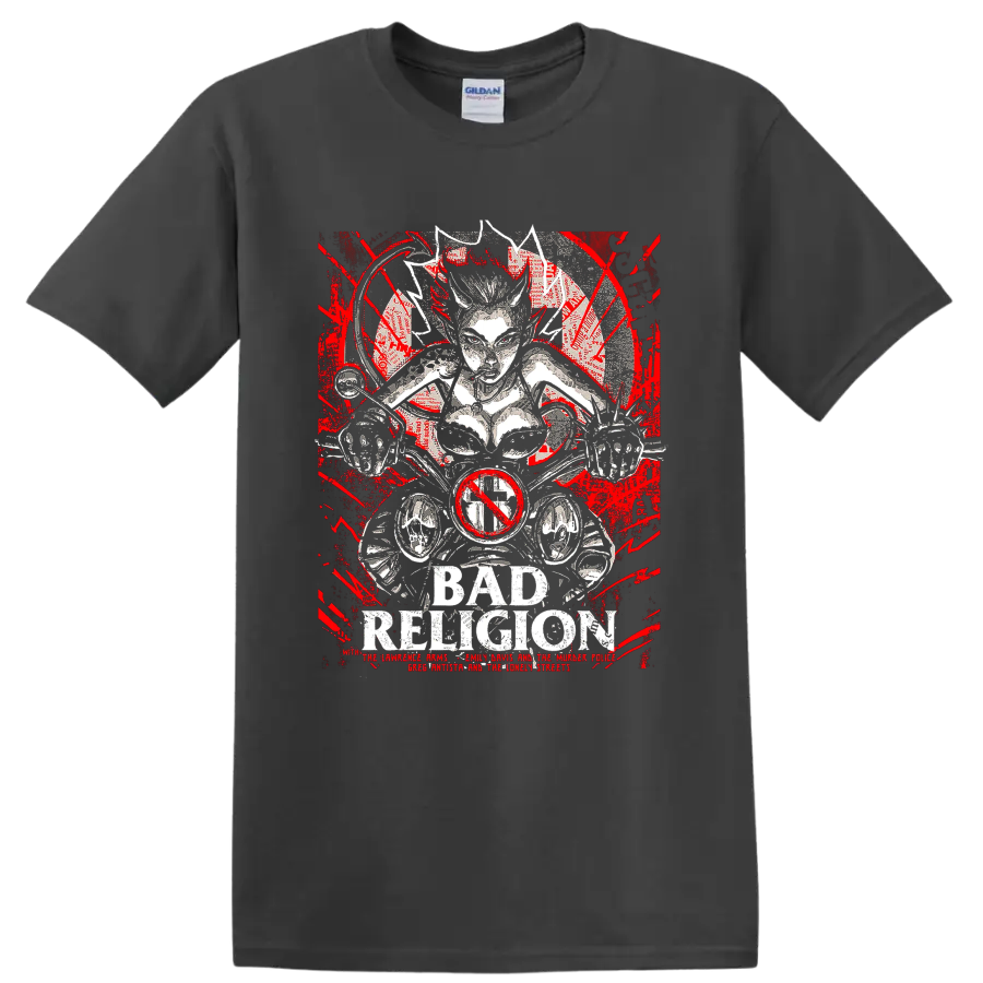 Bad Religion distressed punk rock skeletal graphic with red accents on a Charcoal T Shirt