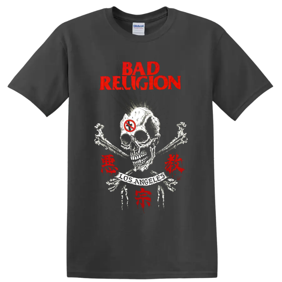 Bad Religion distressed red skull and crossbones punk graphic on a Charcoal T Shirt