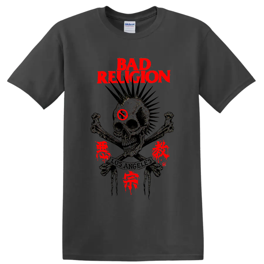 Bad Religion distressed punk rock skull graphic with red lettering on a Charcoal T Shirt