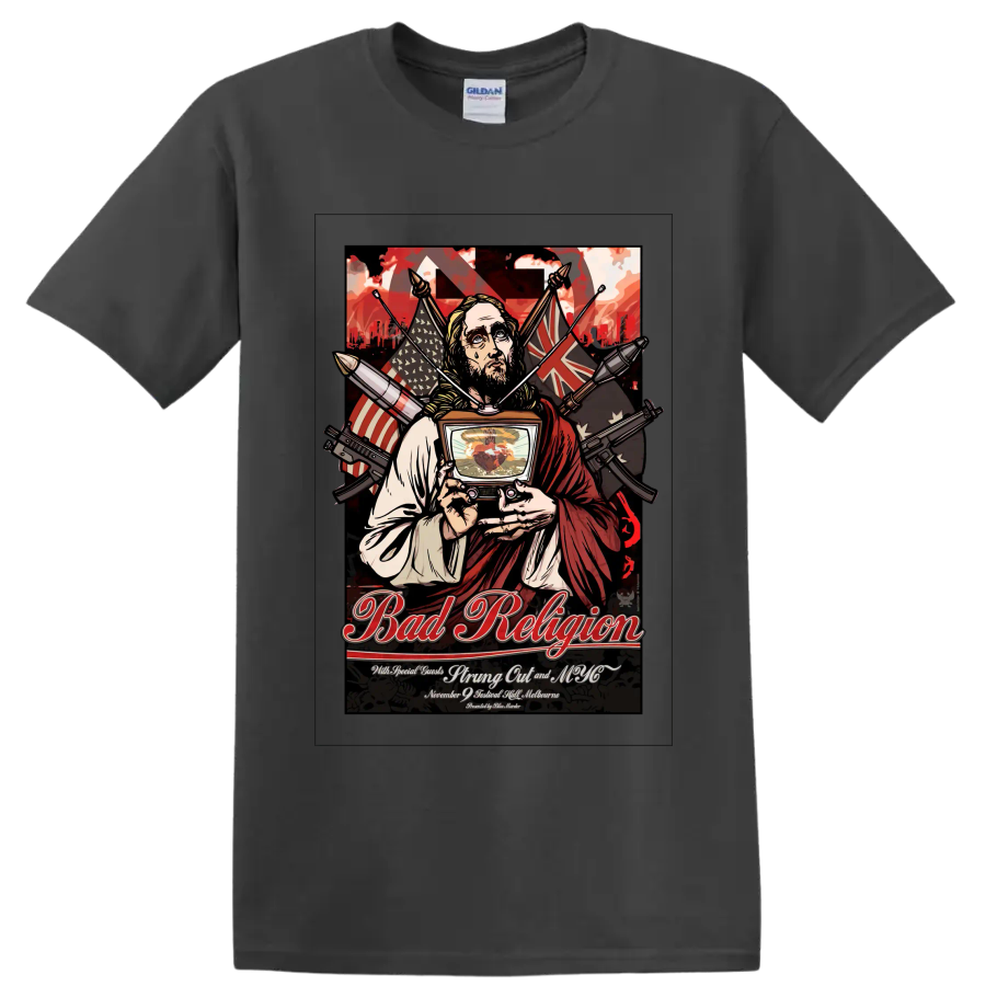 Bad Religion punk rock concert poster graphic with robed figure and television on a Charcoal T Shirt