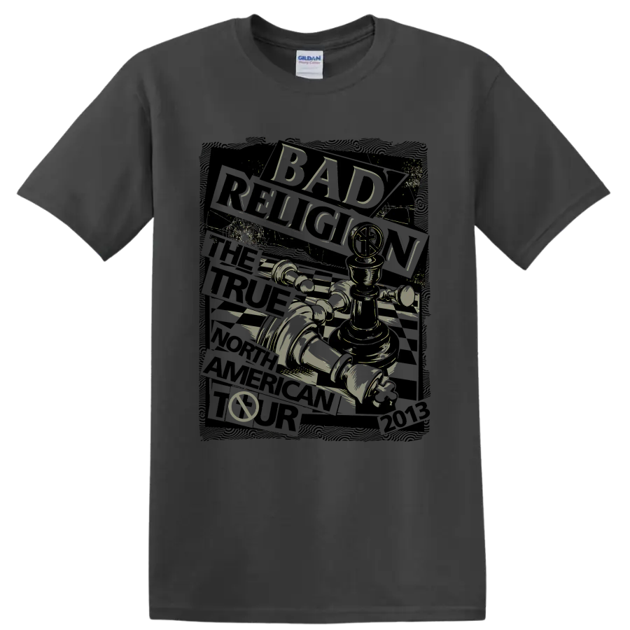 Bad Religion distressed punk rock chess graphic with bold lettering on a Charcoal T Shirt