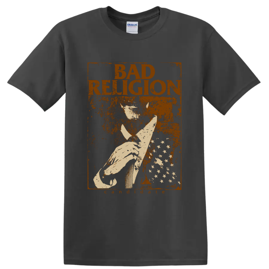 Bad Religion distressed punk rock graphic with bold lettering and central illustration on a Charcoal T Shirt