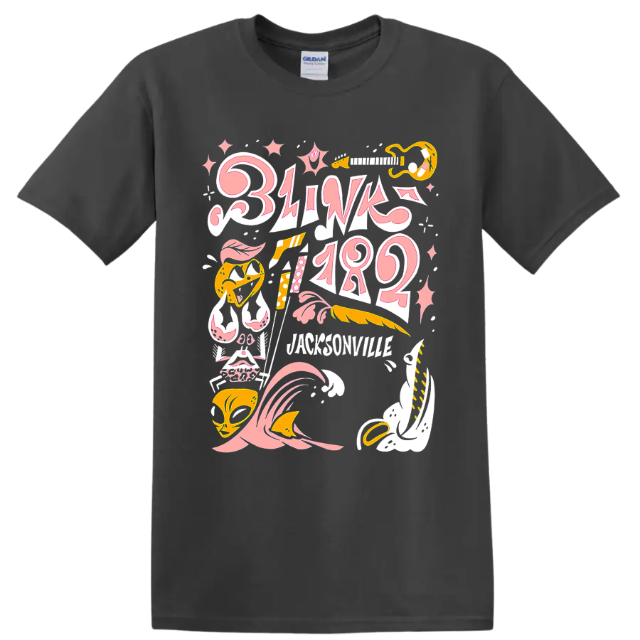 Blink-182 punk rock graphic print with pink lettering and yellow music accents on a Charcoal T Shirt