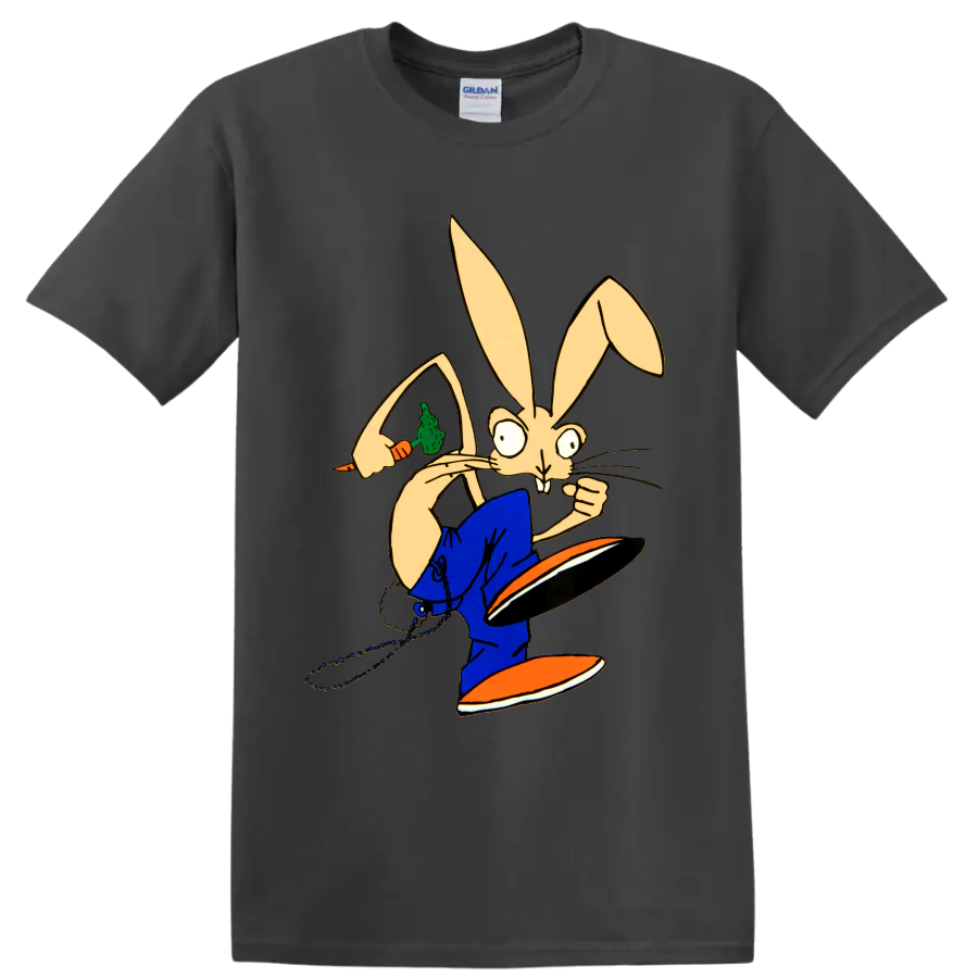 Blink-182 punk rock bunny riding a skateboard cartoon graphic on a Charcoal T Shirt