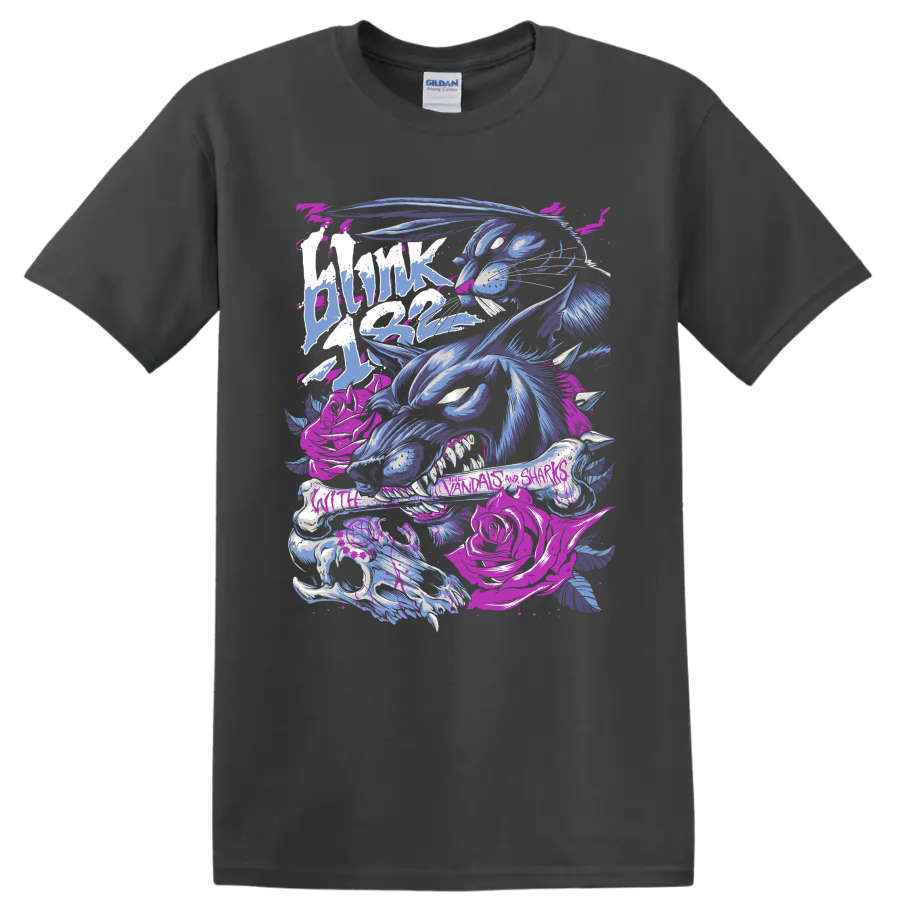 Blink-182 punk rock graphic with a blue skeletal creature and magenta details on a Charcoal T Shirt