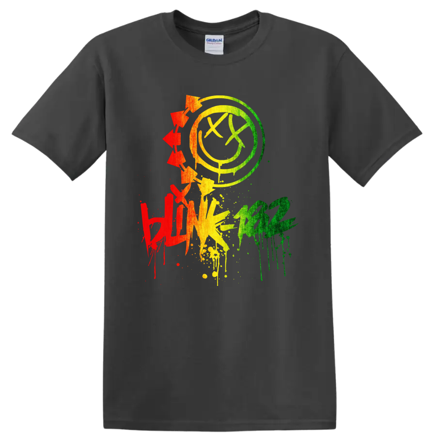 Blink-182 colorful distressed smiley punk rock graphic on a Charcoal T Shirt