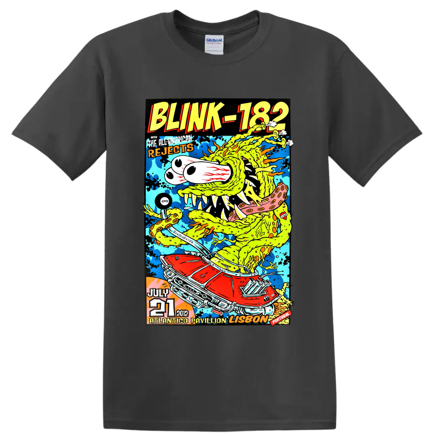 Blink-182 colorful punk rock concert poster with cartoon creature and red car on a Charcoal T Shirt