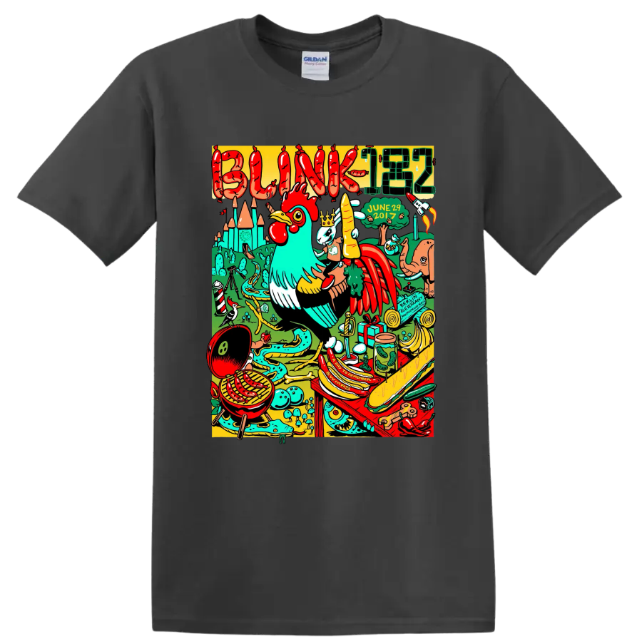 Blink-182 colorful surreal punk rock graphic with bold band lettering on a Charcoal T Shirt