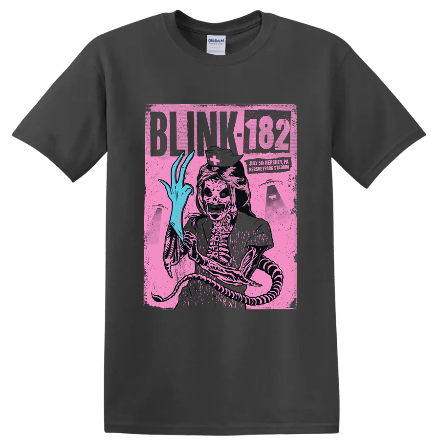 Blink-182 skeleton punk rock graphic with distressed poster-style artwork on a Charcoal T Shirt