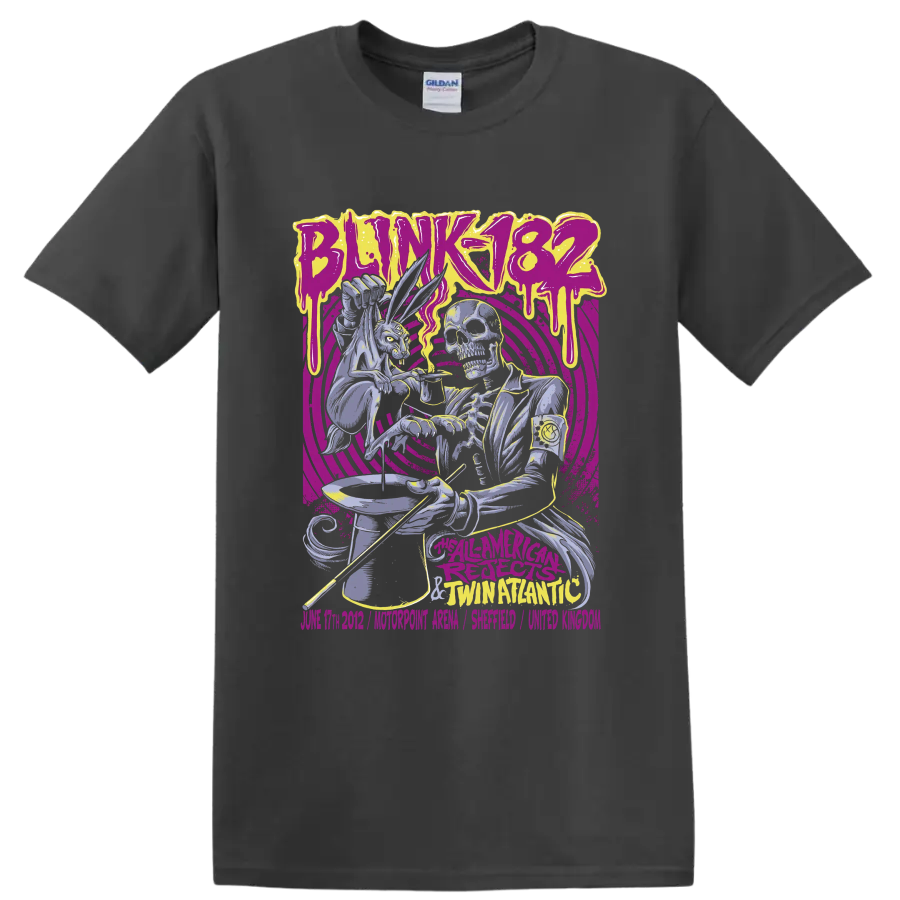 Blink-182 punk rock skeleton graphic with purple and yellow artwork on a Charcoal T Shirt