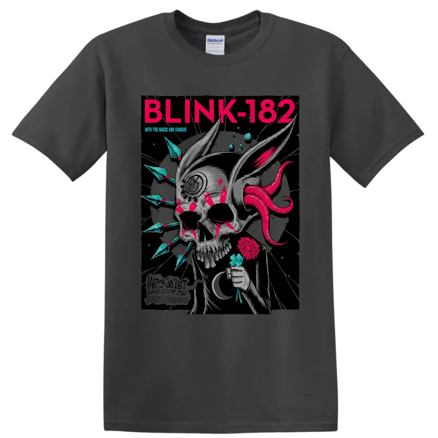 Blink-182 punk rock skull graphic with magenta tentacles and flowers on a Charcoal T Shirt