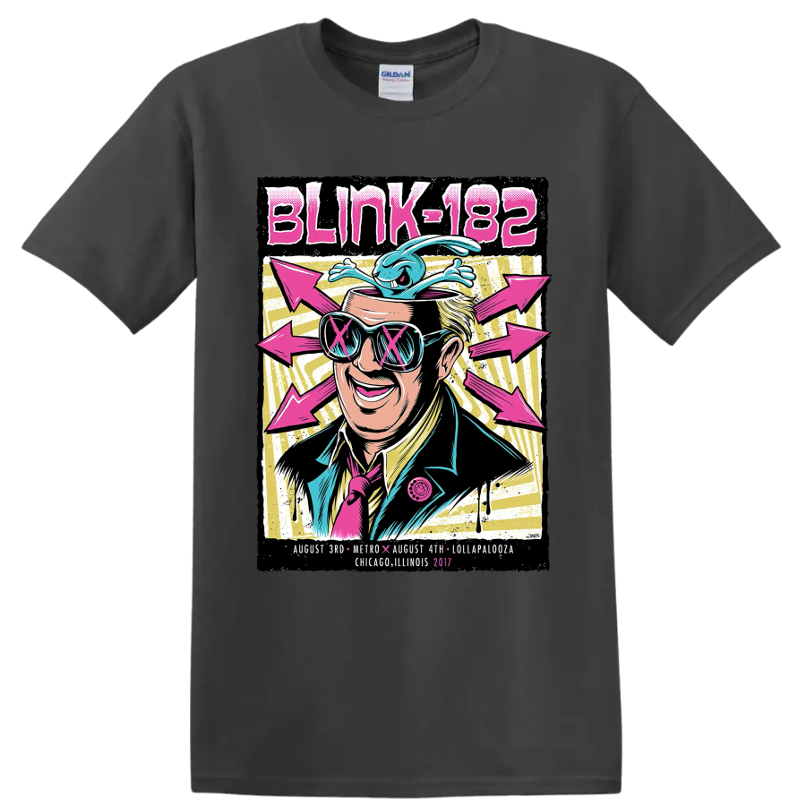 Blink-182 punk rock festival graphic with sunglasses, blue creature, and pink arrows on a Charcoal T Shirt