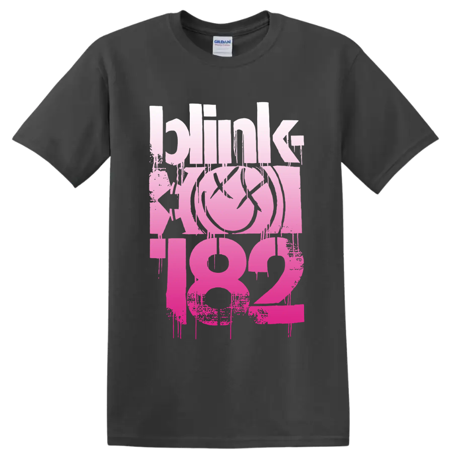 Blink-182 pink distressed punk rock lettering with smiley-style graphic on a Charcoal T Shirt