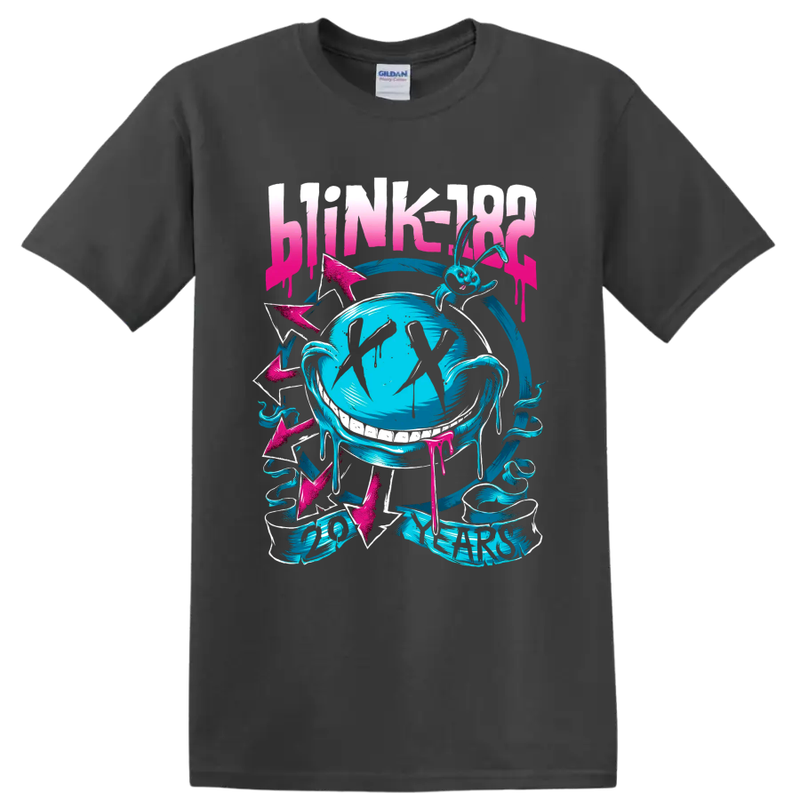 Blink-182 punk rock globe graphic with arrows and distressed lettering on a Charcoal T Shirt