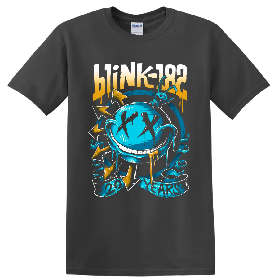 Blink-182 punk rock graphic with distressed lettering, blue globe, and lightning bolts on a Charcoal T Shirt
