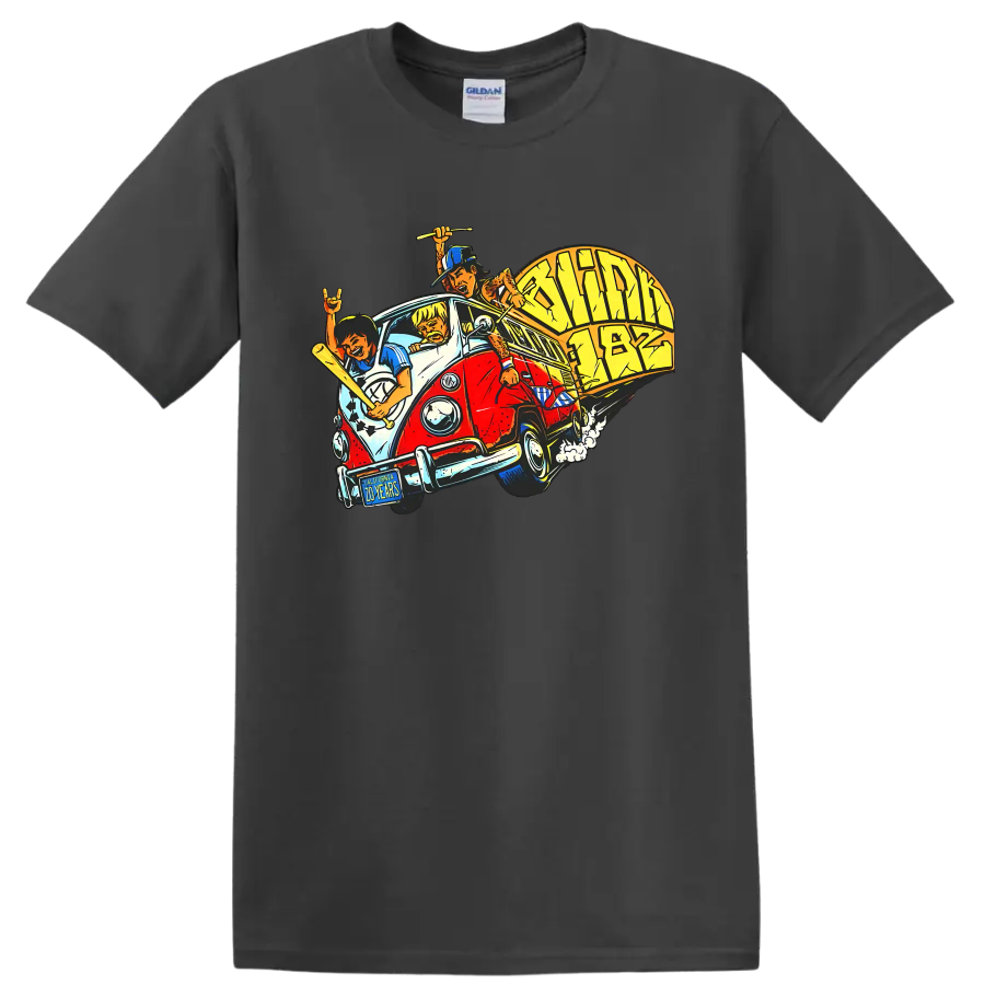 Blink-182 punk rock van graphic print with musicians and instruments on a Charcoal T Shirt