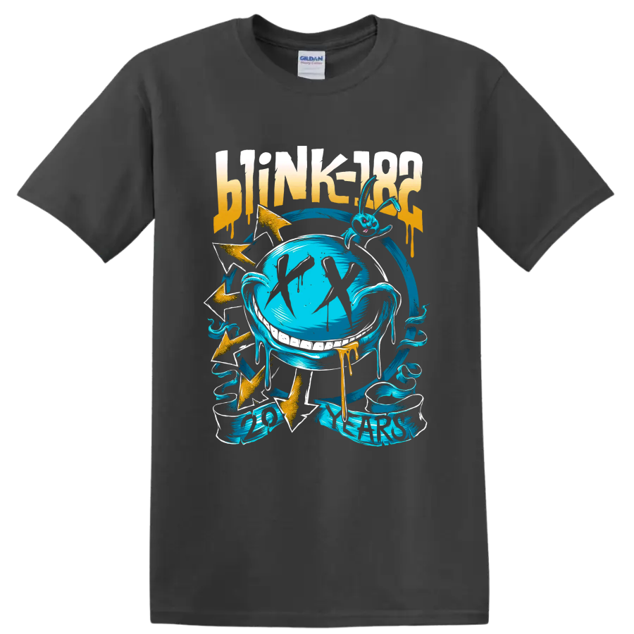 Blink-182 punk rock graphic with turquoise-blue cartoon bunny and gold accents on a Charcoal T Shirt