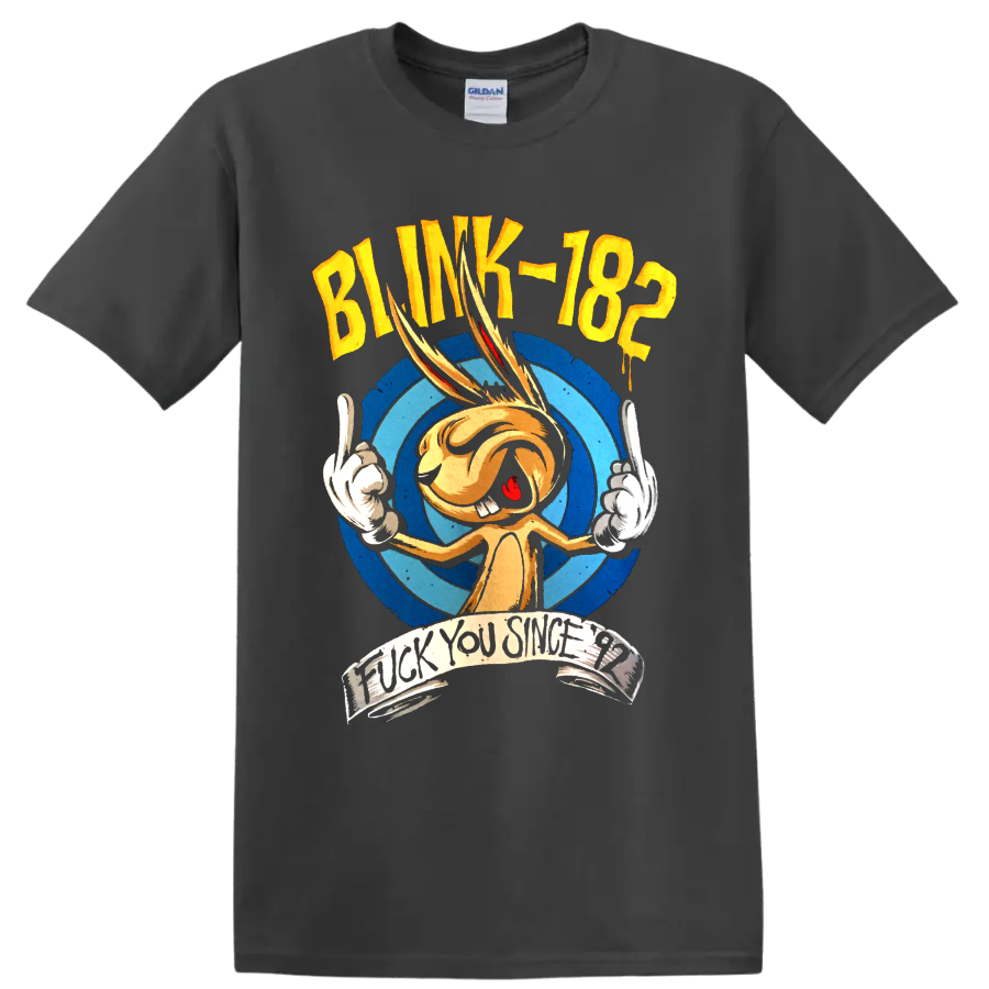 Blink-182 punk rock cartoon graphic with distressed lettering on a Charcoal T Shirt