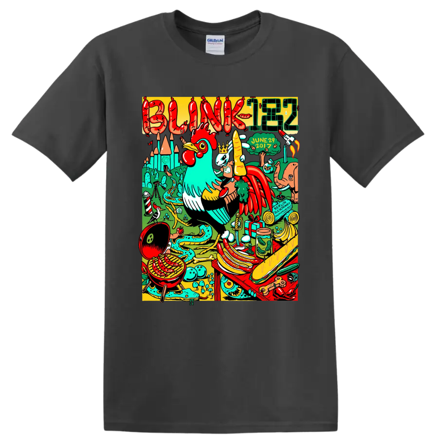 Blink-182 colorful punk rock collage graphic with playful characters on a Charcoal T Shirt