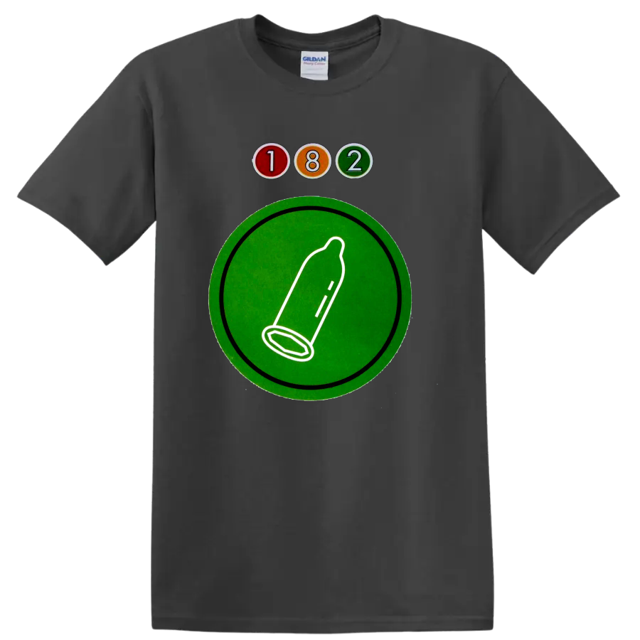 Blink-182 182 logo with colorful circles and green graphic emblem on a Charcoal T Shirt