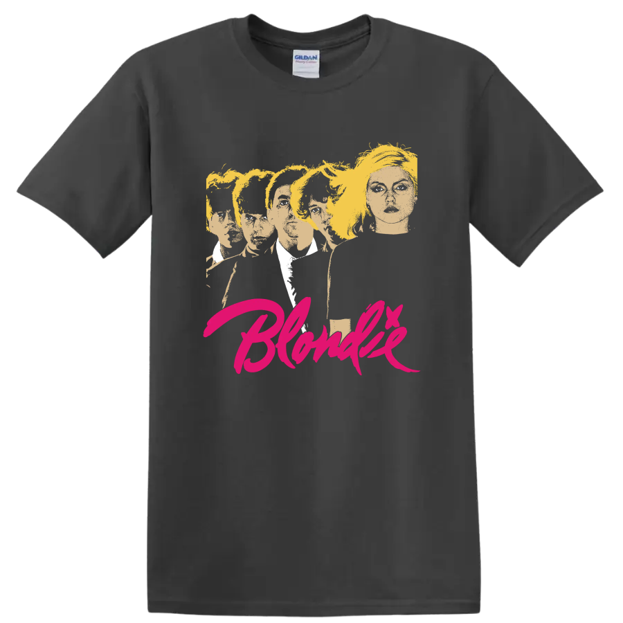 Blondie punk rock band portrait with vivid pink script lettering on a Charcoal T Shirt