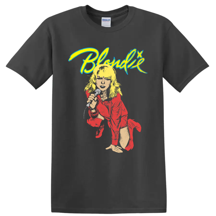 Blondie punk rock graphic with performer, microphone, and bold logo lettering on a Charcoal T Shirt