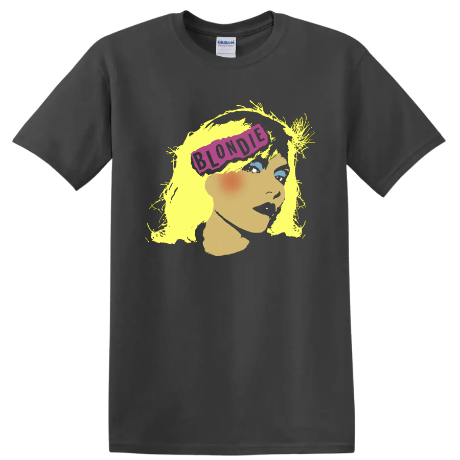 Blondie punk rock portrait with yellow hair and purple banner on a Charcoal T Shirt