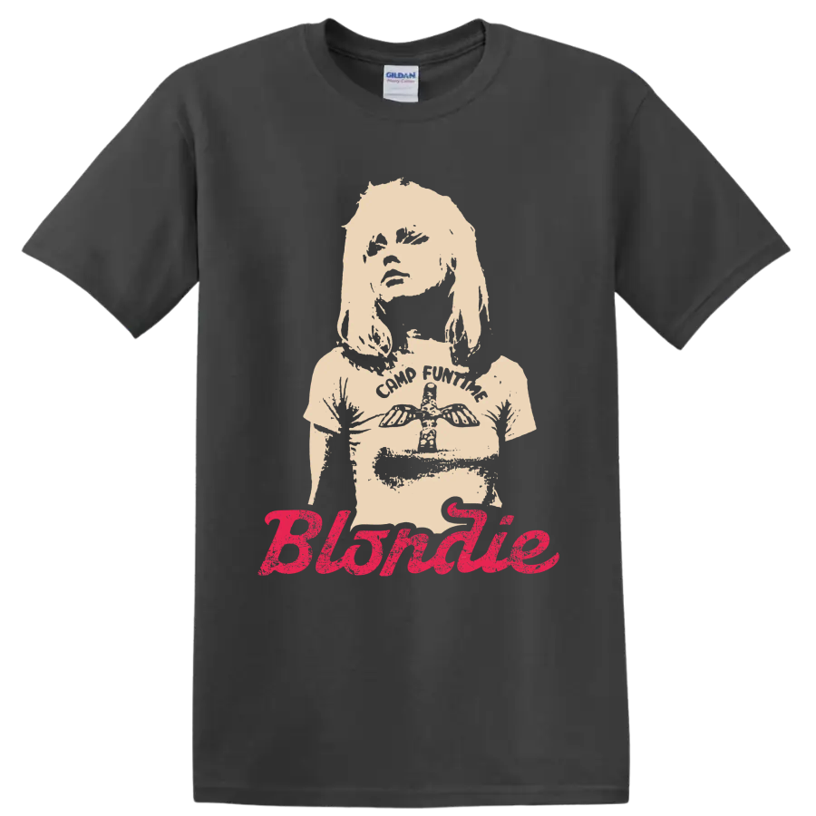 Blondie punk rock portrait with bold pink script lettering on a Charcoal T Shirt