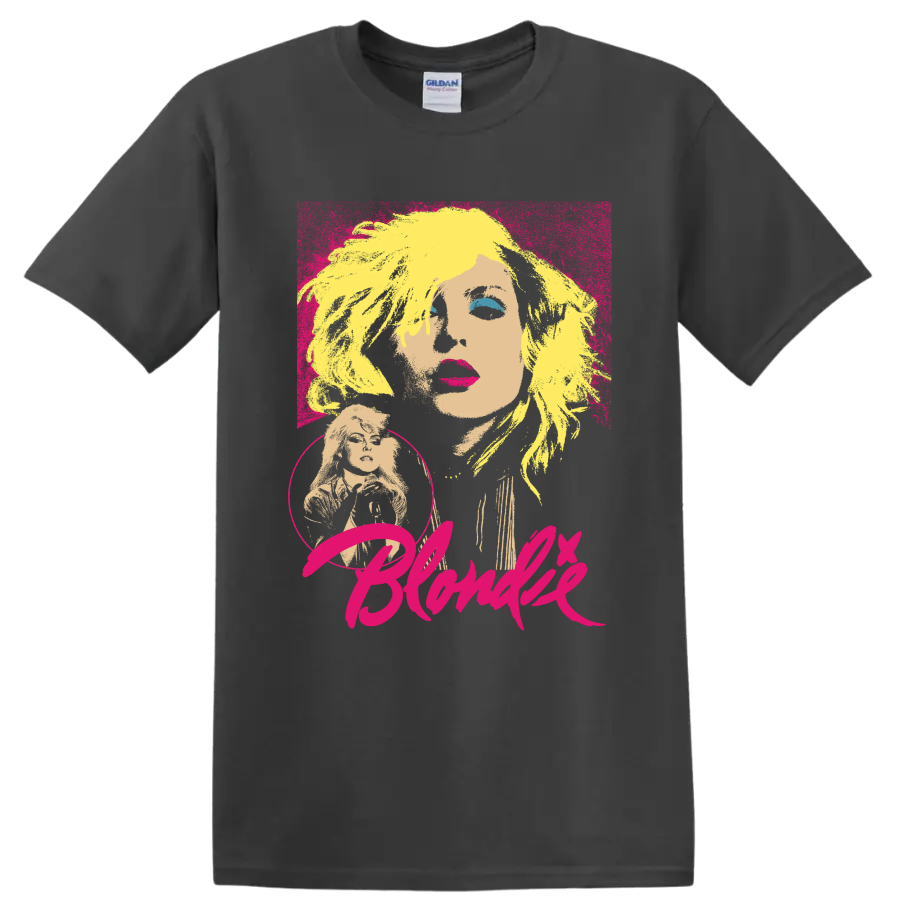 Blondie Debbie Harry pop art portrait with bold pink lettering on a Charcoal T Shirt