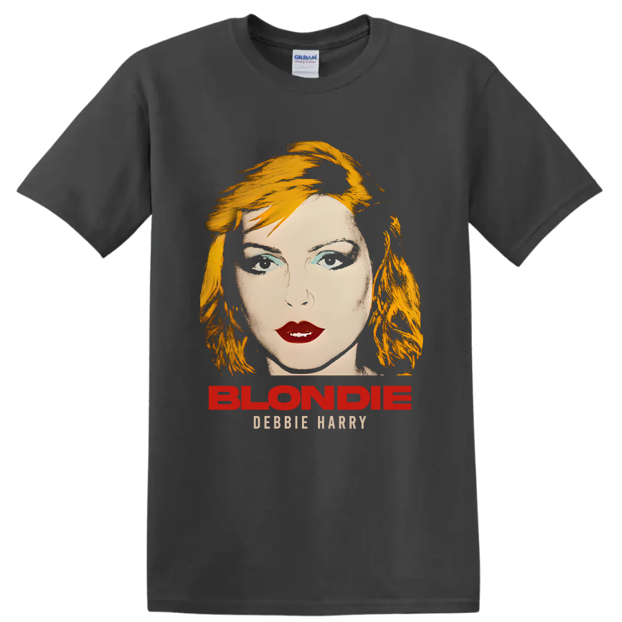 Blondie Debbie Harry portrait graphic with bold punk rock lettering on a Charcoal T Shirt
