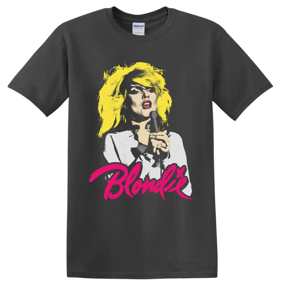 Blondie punk rock singer portrait graphic with microphone and pink lettering on a Charcoal T Shirt