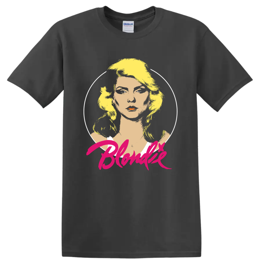 Blondie punk rock portrait graphic with pink script lettering on a Charcoal T Shirt