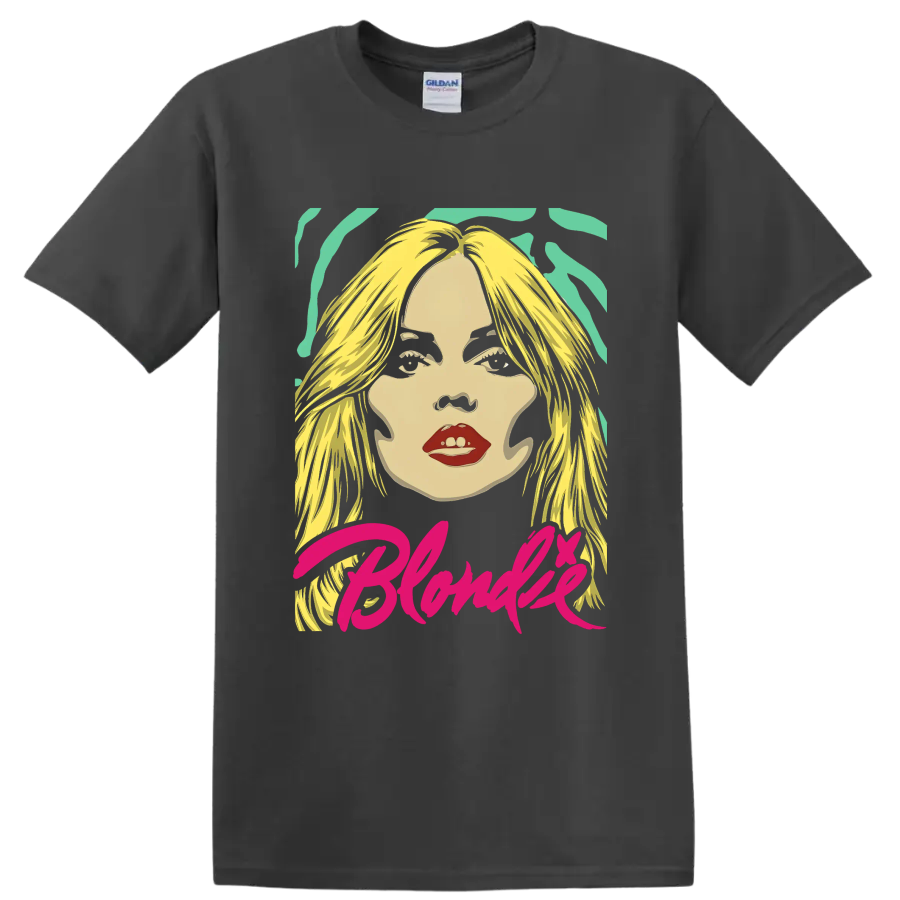 Blondie Debbie Harry pop-art portrait with pink script lettering on a Charcoal T Shirt