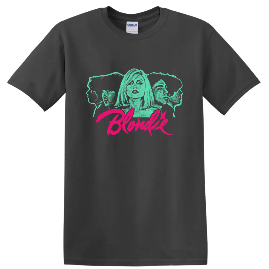 Blondie aqua portrait graphic with hot pink script lettering on a Charcoal T Shirt