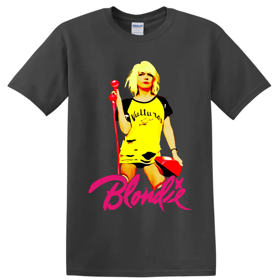 Blondie punk rock vocalist graphic with red microphone and pink script lettering on a Charcoal T Shirt