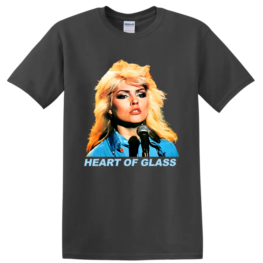 Blondie singer portrait with Heart of Glass text, retro punk rock graphic on a Charcoal T Shirt