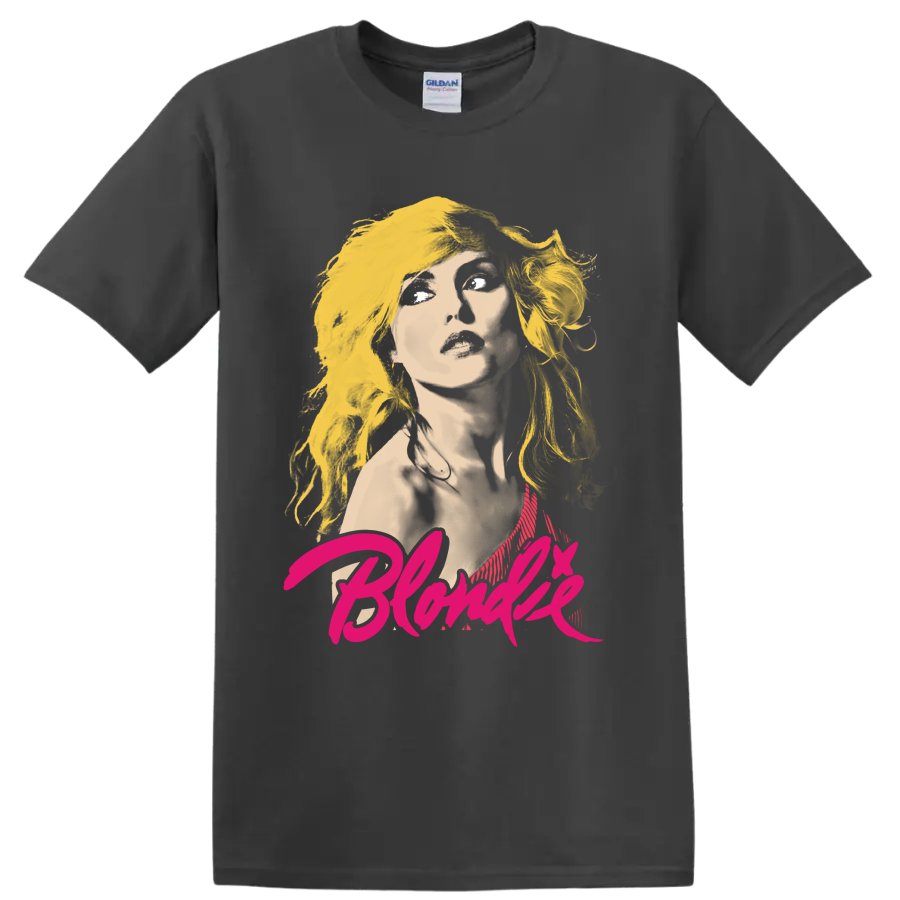 Stylized Debbie Harry portrait from Blondie with bold punk rock graphic lettering on a Charcoal T Shirt