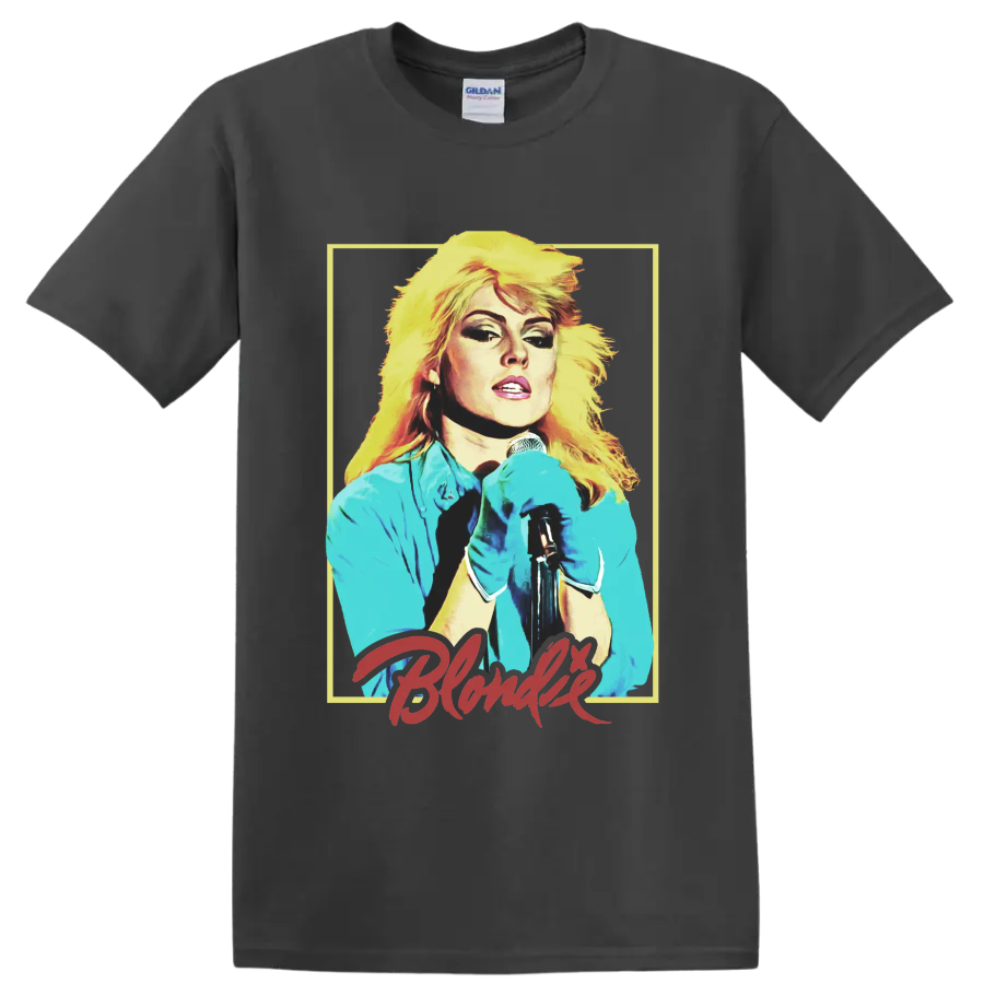 Debbie Harry of Blondie punk rock singer portrait with microphone on a Charcoal T Shirt