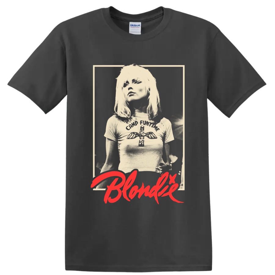 Blondie vintage punk rock portrait with red script graphic print on a Charcoal T Shirt