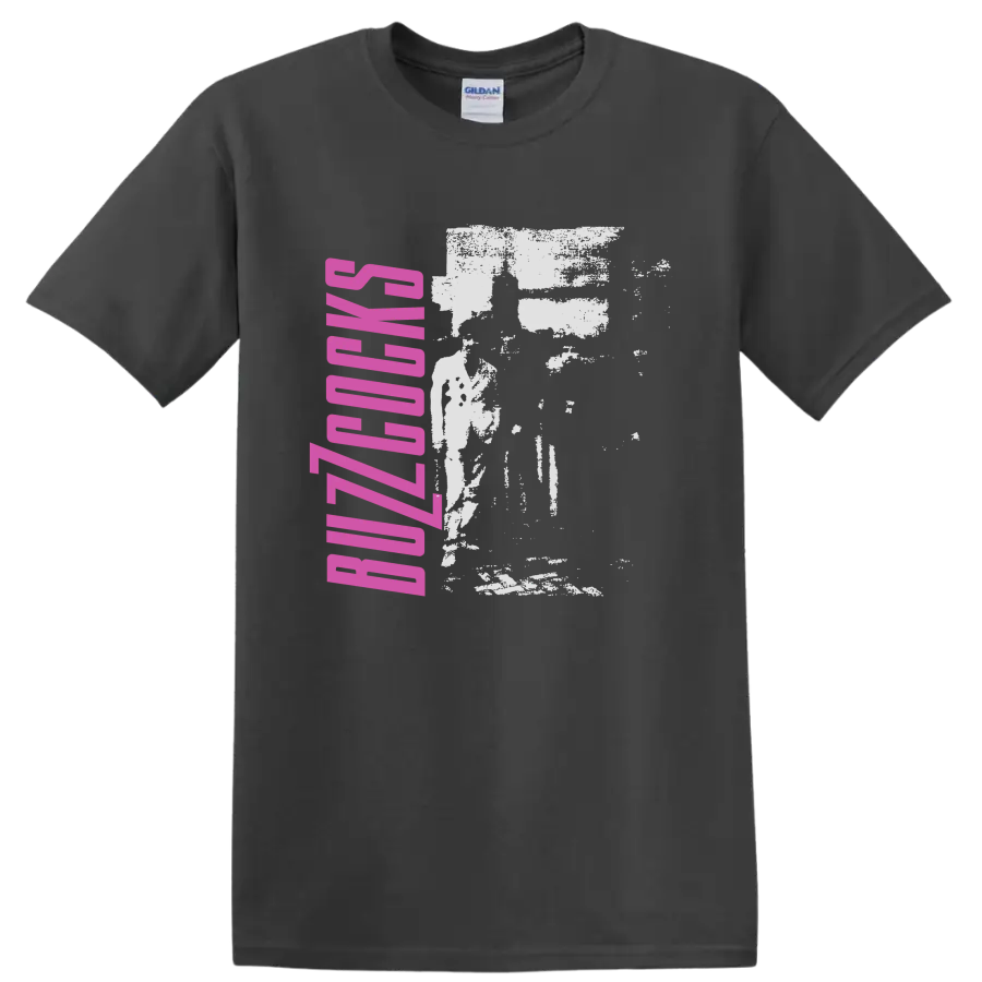 Buzzcocks punk rock band graphic with pink vertical lettering and distressed image on a Charcoal T Shirt