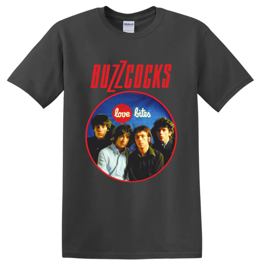 Buzzcocks punk rock band portrait with Love Bites graphic on a Charcoal T Shirt