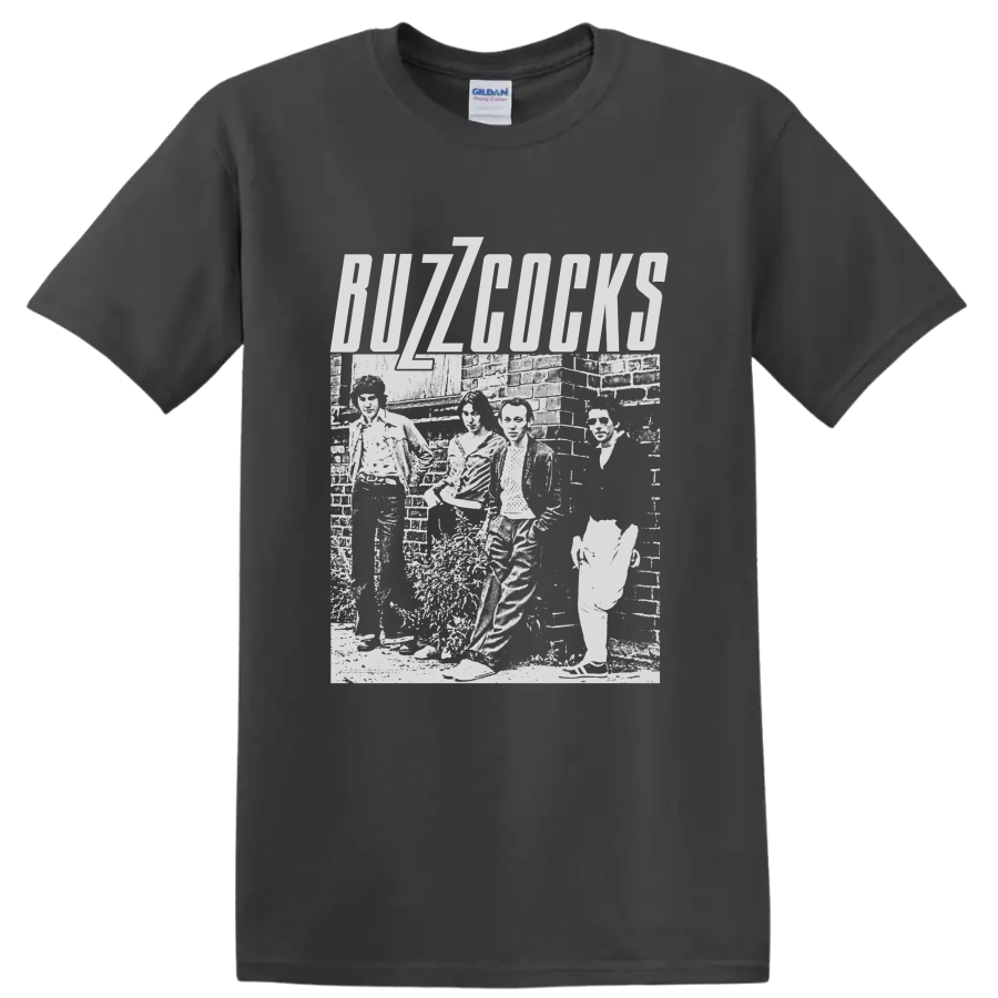 Buzzcocks punk rock band distressed monochrome collage with bold lettering on a Charcoal T Shirt