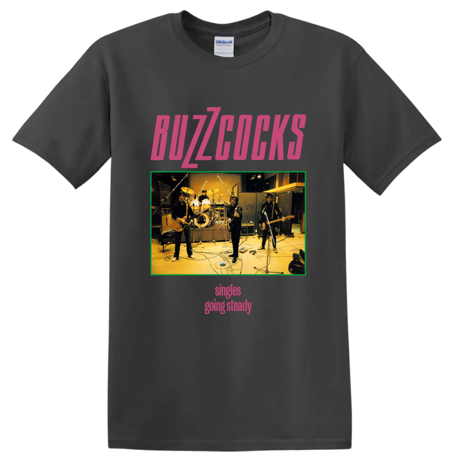 Buzzcocks punk rock band studio photo graphic with pink lettering on a Charcoal T Shirt
